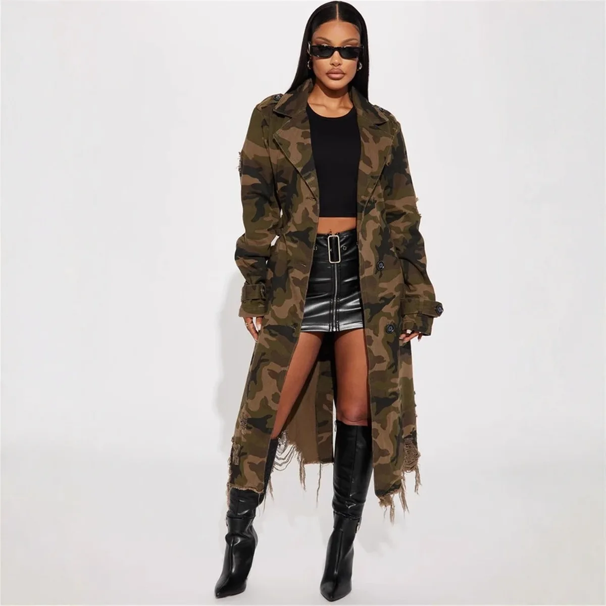 Women's outerwear 2026 new European and American women's clothing perforated personalized camouflage long windbreaker