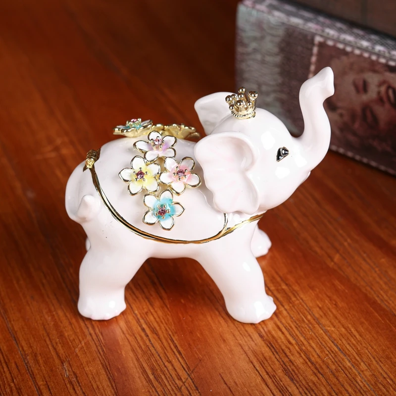 

SHINNYGIFTS New Style Metal Enamel White Flower Elephant Trinket Box Jewelry Gift Box