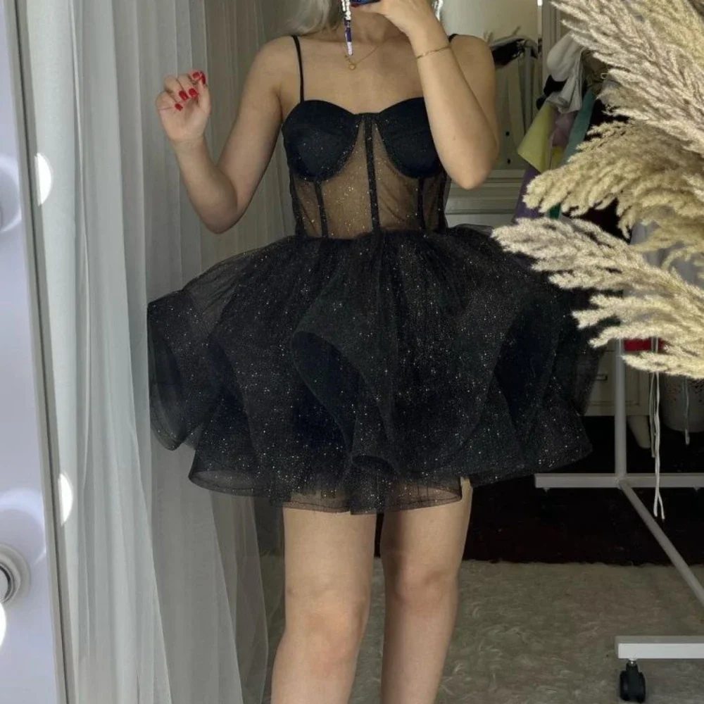 

Сексуальное короткое платье на тонких бретельках для встречи выпускников с рукавами и мини-оборками, коктейльное вечернее блестящее платье для выпускного вечера, Vestido