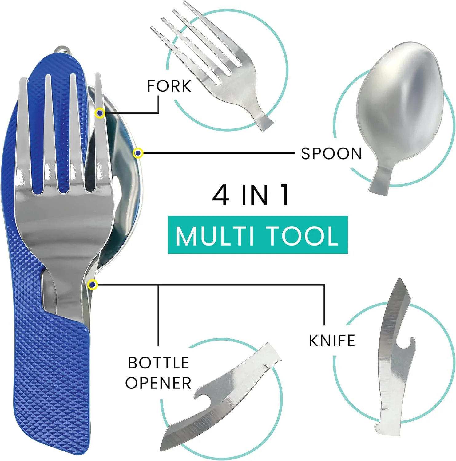 طقم أدوات مائدة محمول من الفولاذ المقاوم للصدأ ، متين وصغير الحجم ، ملعقة قابلة للطي ، شوكة ، سكين ، فتاحةزجاجات للمخمرة المثيرة ، 4 في 1
