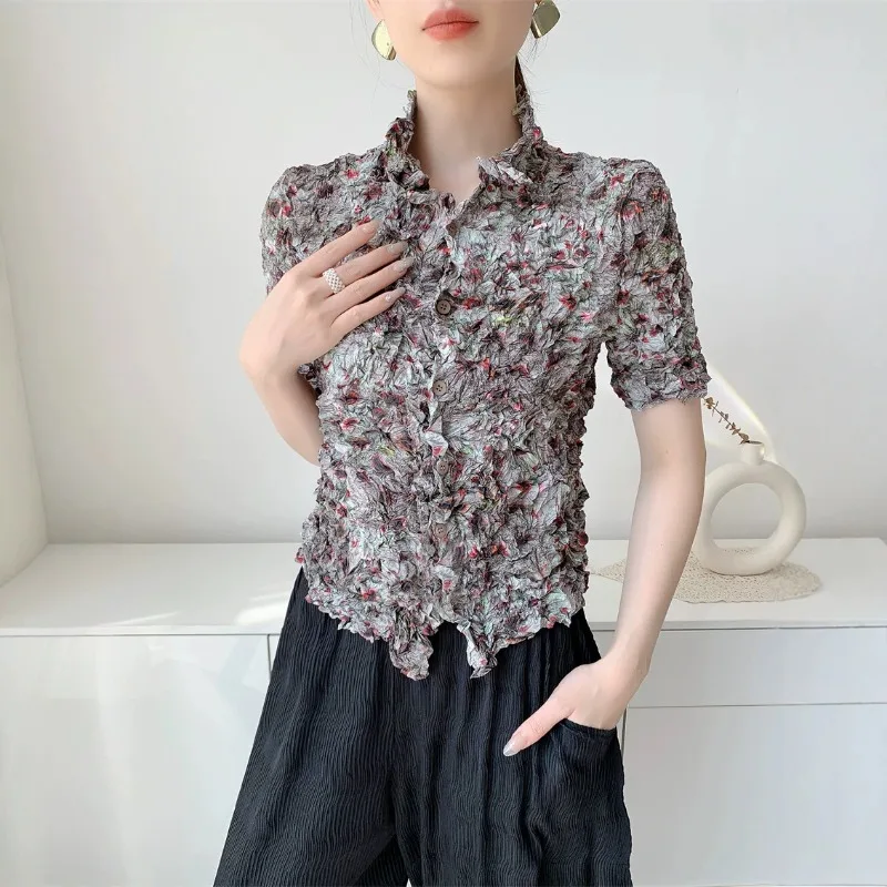 

Miyake Pleated T-Shirt 2026 Summer New Floral Shirt Elegant Casual Women's Lightweight Stretch Handmade Wrinkle-Free Button Top