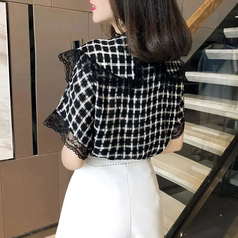 Simplicity Fashion Autumn Women Peter Pan Collar Plaid Ruffles Single Breasted Temperament Sweet Loose Long Sleeve Shirts Tops