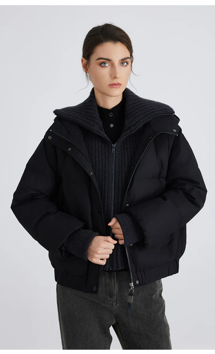 BC869 Rollkragenjacke mit Kapuze, Reißverschluss und Knopfleiste, 100% Kaschmir, leichte Luxus-Daunenjacke aus weißem Gänsedaunen für Damen – Detail 8