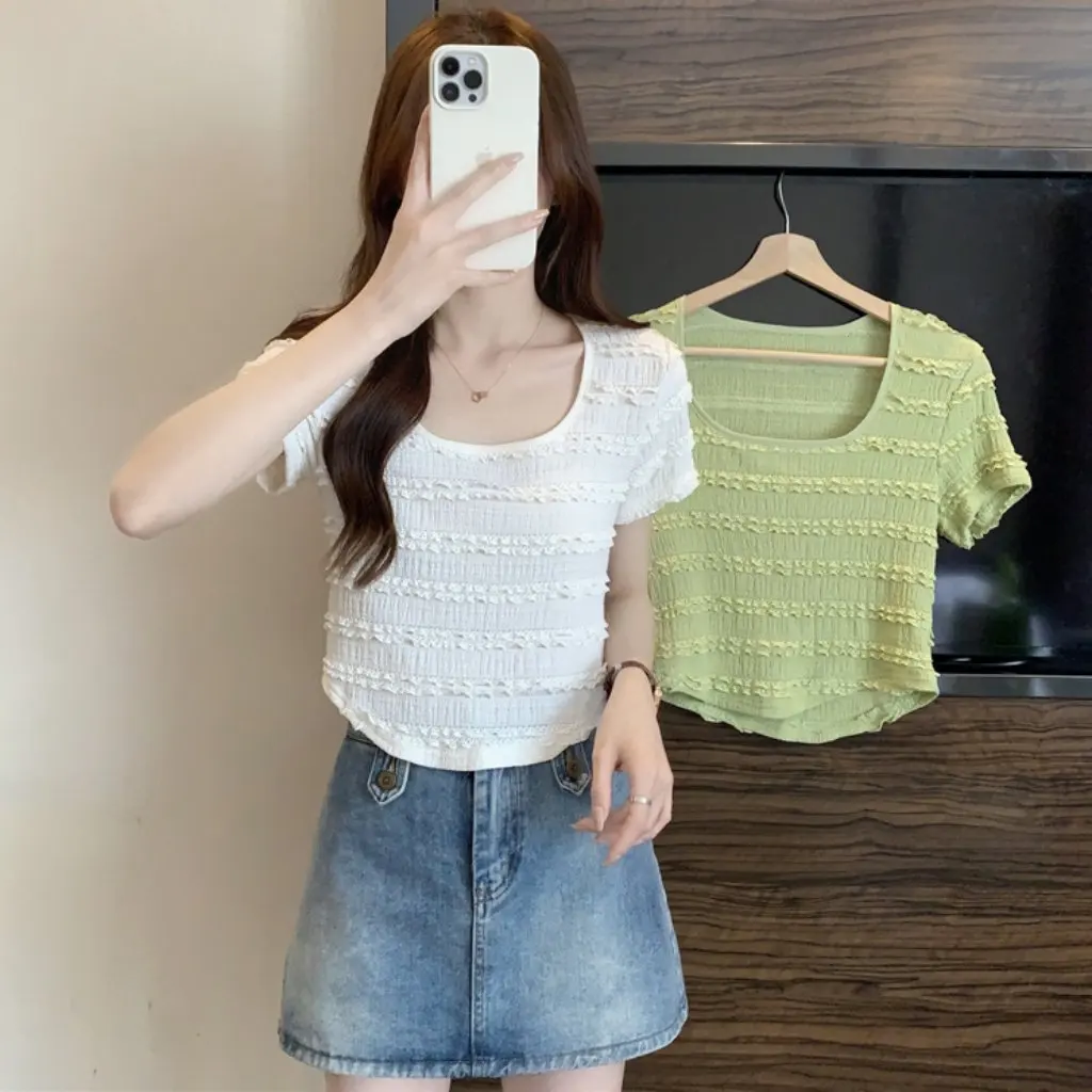 

Women's Slim-fit Square Collar Lace Stitching Short T-shirt Stylish Age-reducing Top for Summer