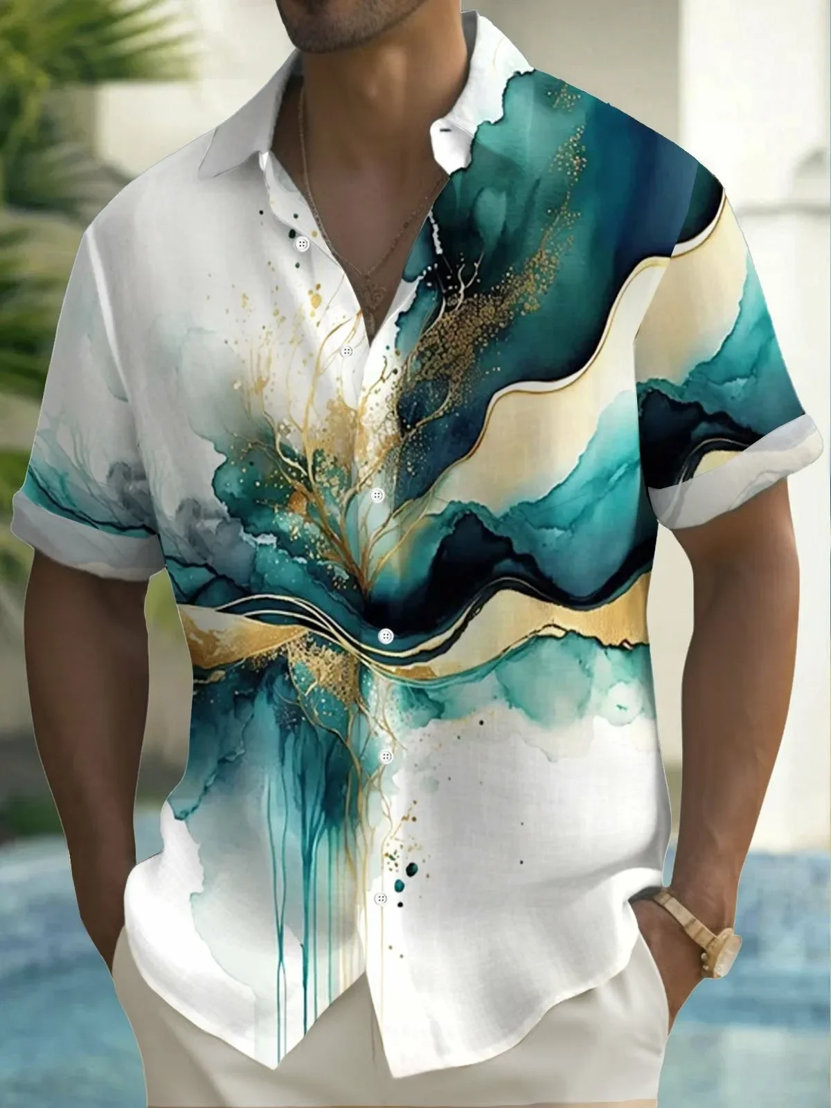 Men's summer shirt, made by 3D printing technology, featuring artistic geometric patterns. A loose Hawaiian-style shirt with but