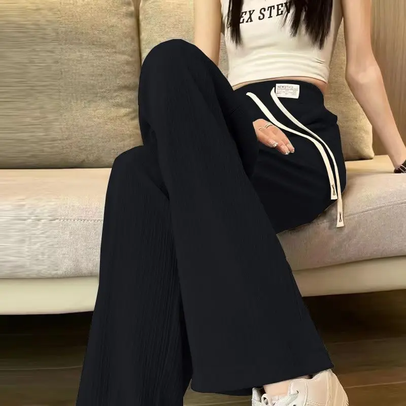 High Waist Draped Ice Silk Wide Leg Casual Pants Thin Version Loose Fit Long Trousers for Women Summer 2025 Polyester Fiber