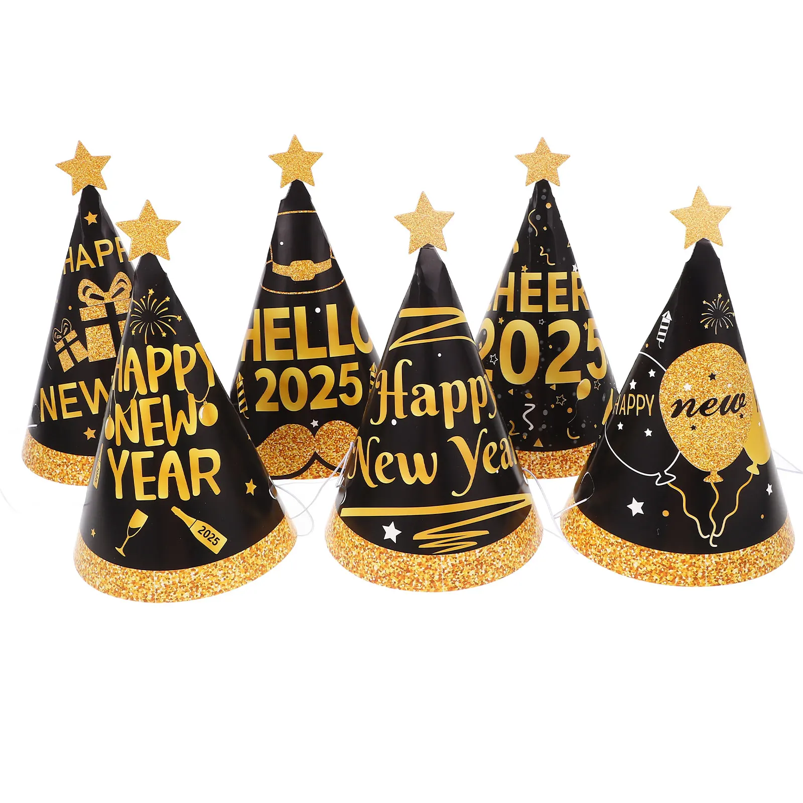 

6 Pcs Hat Happy 2025 Happy New Year Gold Cone Party Hats Kids Paper New Year Paper Hats Celebration Accessories