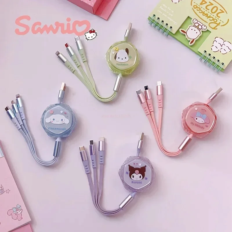 Hello Kitty 3 In 1 Fast Charging Cable Data Line MINISO Kuromi  Cinnamoroll For Micro Type-C USB lightning Portable Car Charger