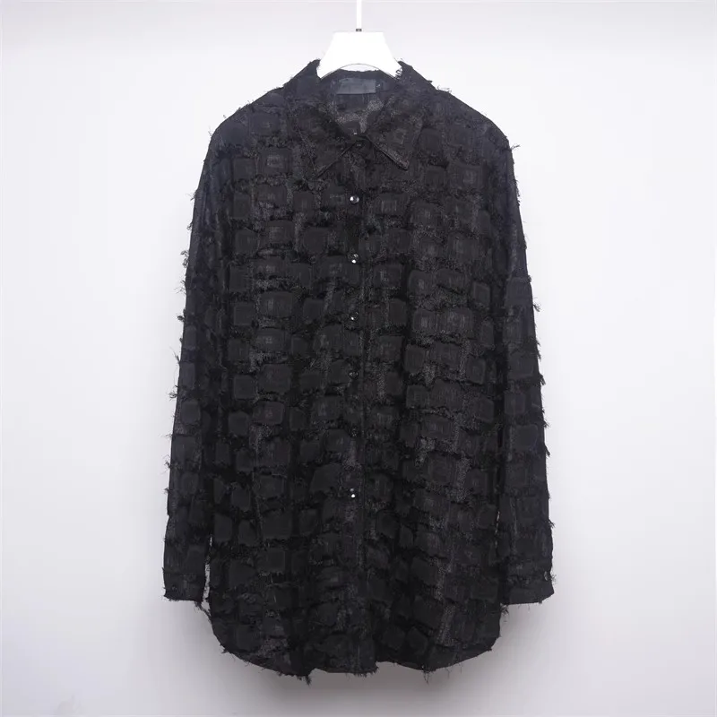 Spring and autumn personalized design feeling niche fabric fringe plaid loose long-sleeved shirt