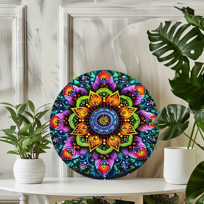 1pc, 2D Flat Print Sign, Wall Art Round Sign, Personalized Vintage Sign, Colorful Mandala Themed Sign, Bar Kitchen Coffee Sign,