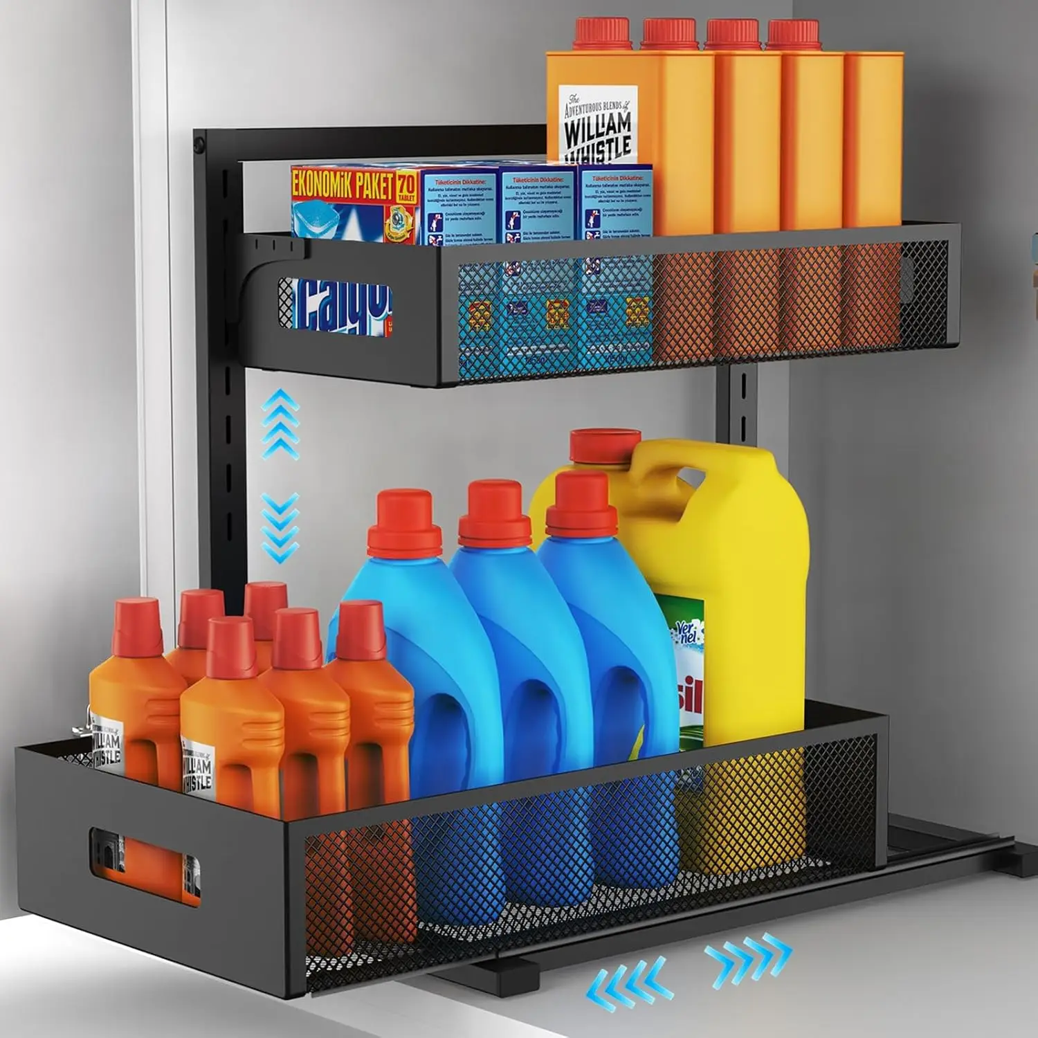 

Under Sink Organizer Pull Out Cabinet Organizer Adjustable Height 2 Tier with Sliding Drawers Kitchen Bathroom Organizer and