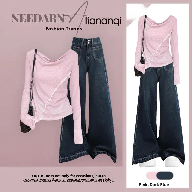 

Faionable Summer New Arrival Hot Girl Top And Wide Leg Jeans Casual Loose Two Piece Set Polyester Fiber Long Sve round Ne