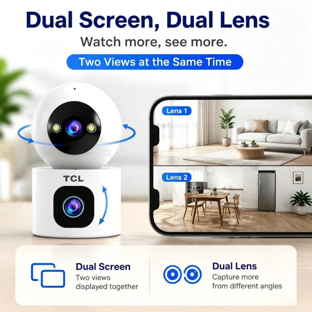 TCL 360° Smart Home Security Camera 4K 8MP 5G WiFi Dual Lens Dual Sreen Wireless IP Camera AI Detection Security Baby Monitor