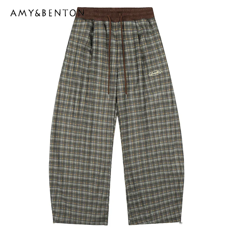 

Winter New Fleece Plaid Women's Sweatpants American Retro Design Loose Straight Wide-Leg Warm Versatile Casual Long Pants Ladies
