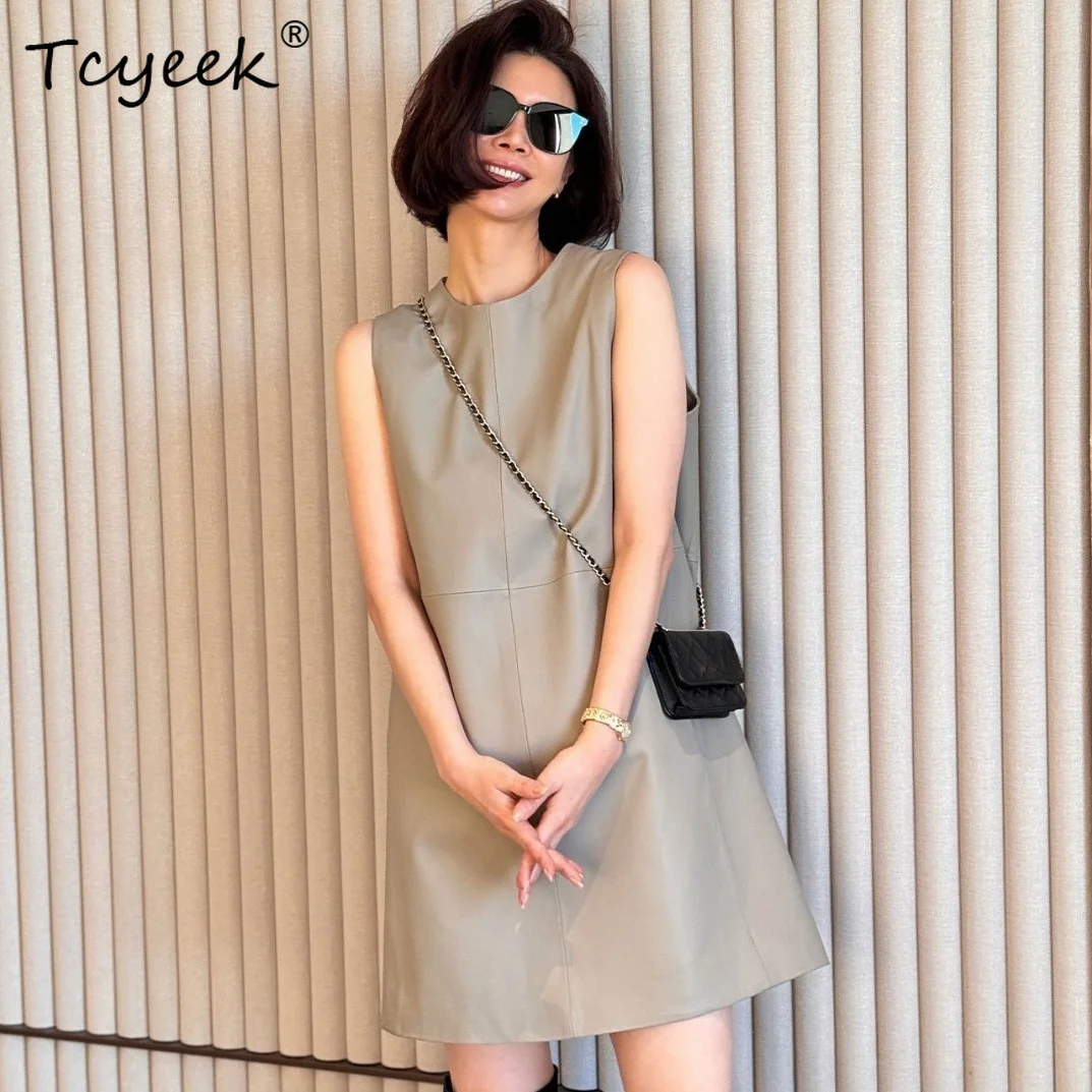 Tcyeek Natural Sheepskin Genuine Leather Dress Spring Summer Clothes Sleeveless Party Dress Fashion Womens Dresses Slim Fit 2026