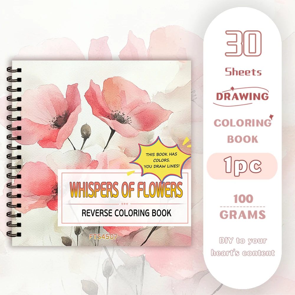 

1pc, Floral Reverse Colouring Book, 30 sheets of 100gsm, Relaxing & Creative Lines ‘All You Need Is A Pen Book’ Birthday Gift