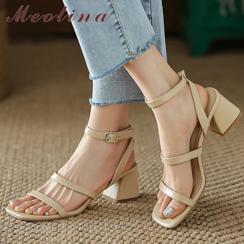 Meotina Shoes Women Genuine Leather Ankle Strap Sandals Thick Heel Sandals High Heels Buckle Ladies Footwear Summer Apricot 40