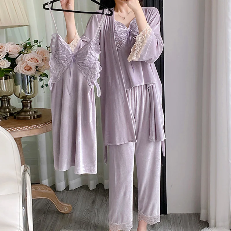 Autumn Winter Velvet Women 4Pcs Pajamas Set Sexy Patchwork Butterfly Lace Bathrobe Nightgown Trouser Suits Loose Velour Homewear