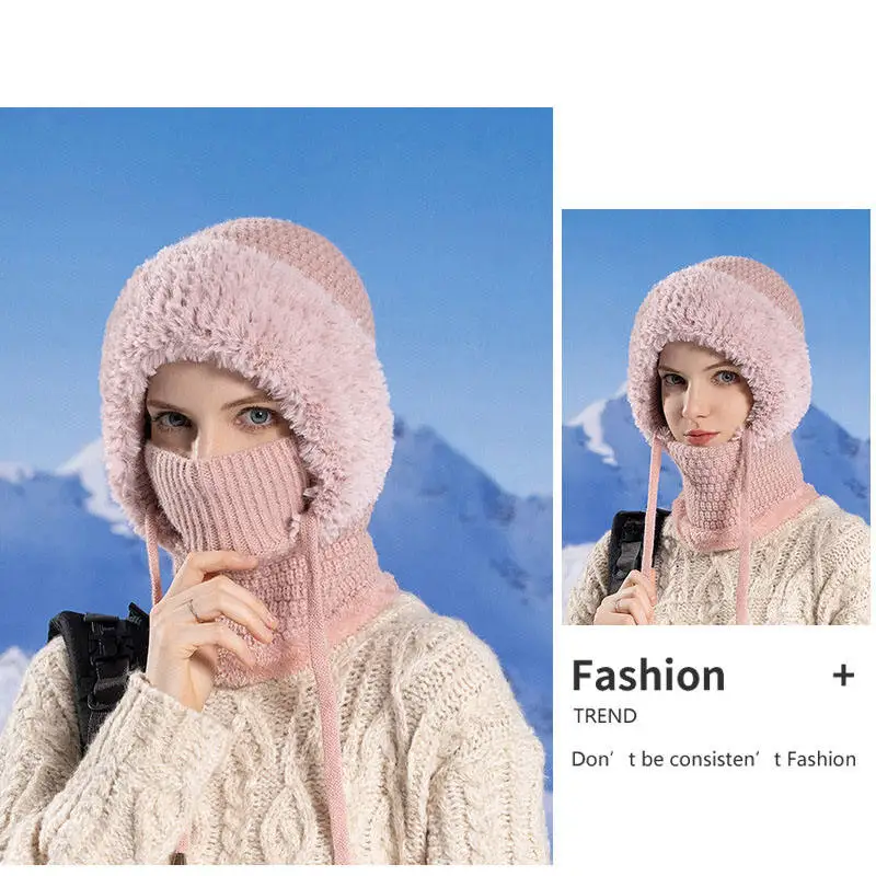 المرأة الشتاء قطعة واحدة الرقبة أدفأ يندبروف صوف مبطن سميكة الدافئة كبيرة رئيس محبوك قبعة الاكريليك مع الرباط #2