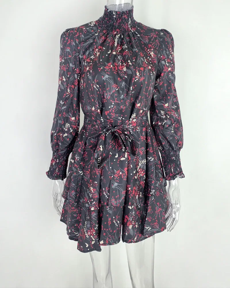 Mini Sexy Dress Women Clothing Floral Dress for Women Lace-up High Collar Collar Casual Dresses Party Nightclub Ladies Outfits