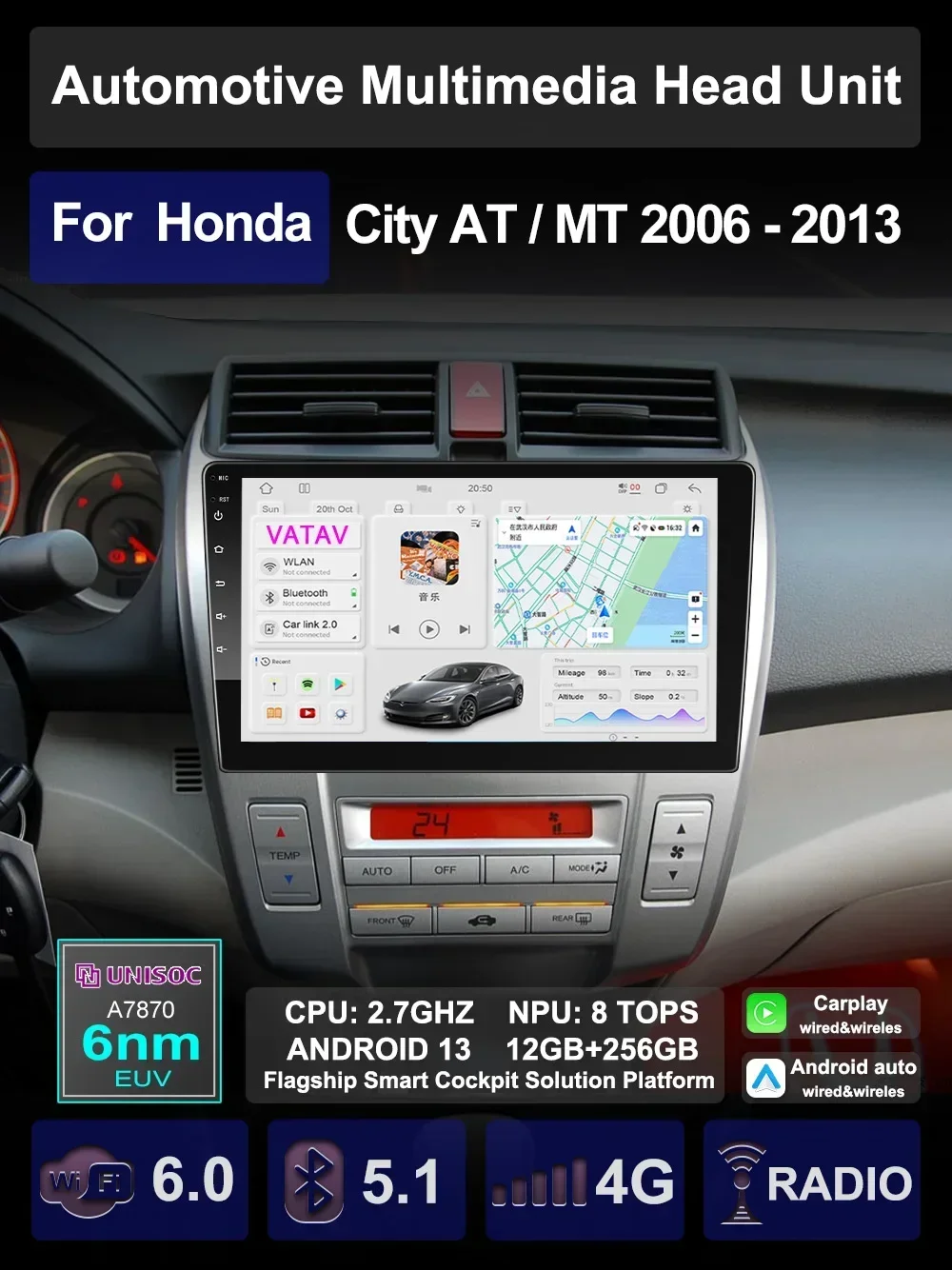 For HONDA CITY AT MT 2006 2008 - 2013  Car Vehicle Android Multimedia Carplay Auto GPS Navitation stereo Radio Player Head Unit