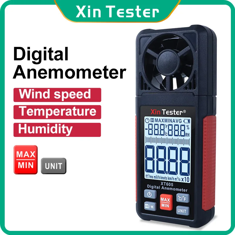 Xin Tester Wind Anemometer Digital air Velocity Gauge Windmeter Speed Meter Temperature Humidity Sensor Professional XT605