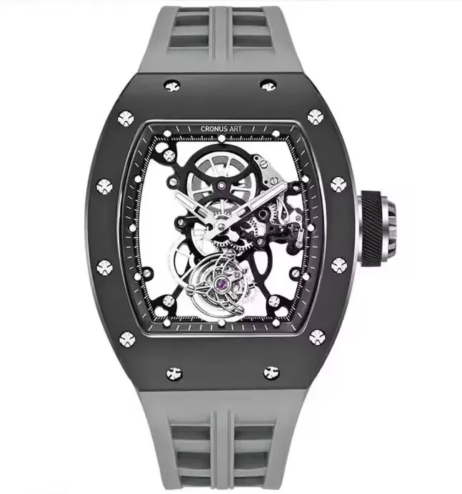 Reloj CRONUSART Tourbillon para hombre, 50mm x 42mm, esfera con mecanismo al descubierto de Panda, reloj de pulsera mecánico Tonneau, caja de zafiro, correa de caucho fluorado
