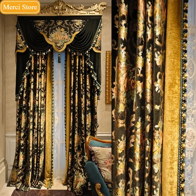 Opulent Dark Green Chenille Gold Curtains for Living Room Bedroom Thickened Embroidered Window Drapes for French Windows Custom