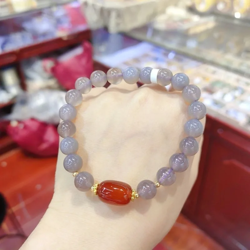 Natural Smoke Purple Agate Chalcedony Round Bead Jade Bracelet Women's Single Ring Bracelet