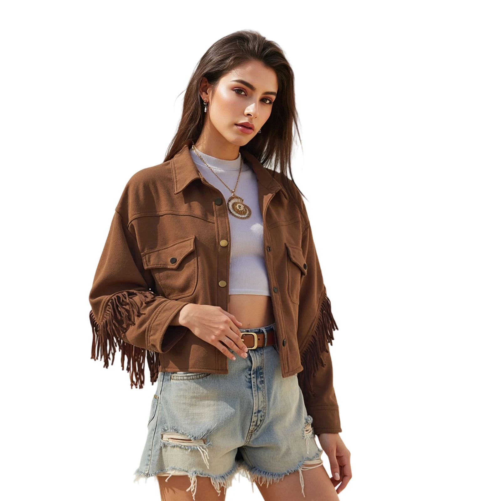 Women s Lapel Collar Western Jacket Solid Color Tassel Long Sleeve Drop Shoulder Button Down Crop Coat