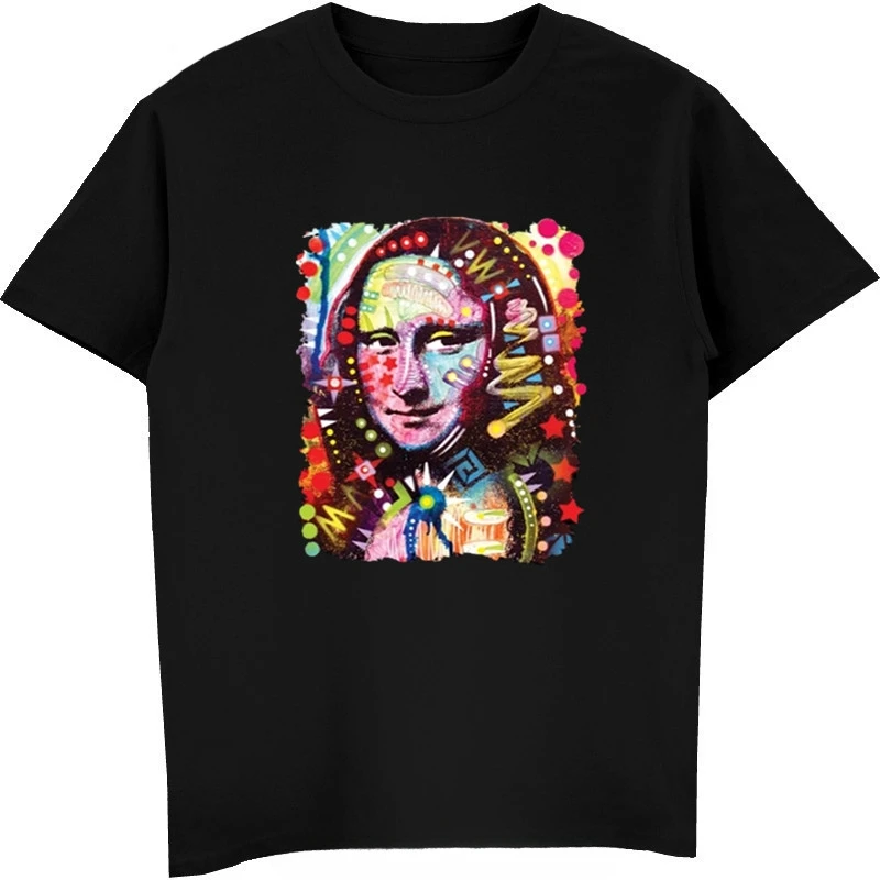 heavyweight Fashion T-shirt Mona Lisa Neon Multicolor Black Tee Leonardo Da Vinci New Men Funny Tee Shirt Summer Round