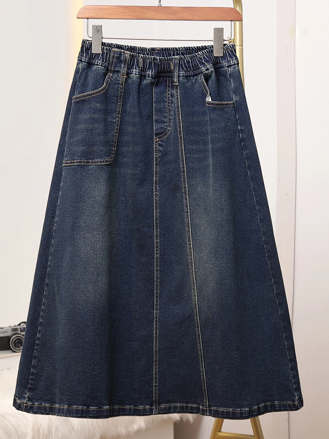 

Винтажная джинсовая юбка-миди больших размеров, женская весенне-осенняя новая утягивающая универсальная юбка с эластичной резинкой на талии
