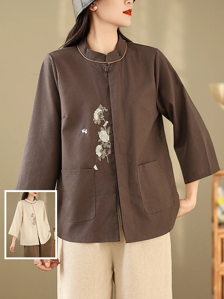 

Женская повседневная одежда из смеси хлопка и льна большого размера с двойной вышивкой в стиле ретро, верхняя одежда с воротником-стойкой