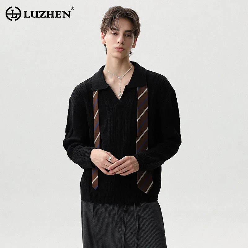 

LUZHEN 2025 Autumn New Solid Color Geometric Textured Long Sleeve Knitted Pullover Men's Fashion Elegant Casual Clothes JY4198