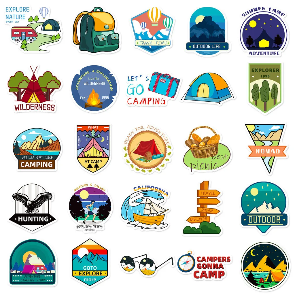 50개 야외 캠핑 및 탐험 방수 그래피티 스티커 헬멧 자전거 핸드 어카운트용 블링블링스티커스 스토어