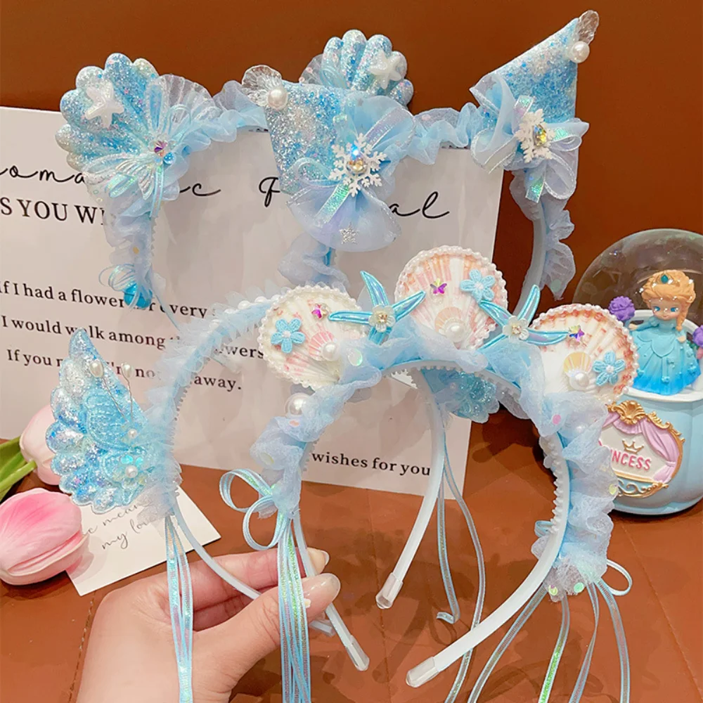 

Girls Princess Headband with Oversized Shell Bow Ribbon, Pearl Butterfly Hair Accessories, Cute Snow Style Headpiece for Party a