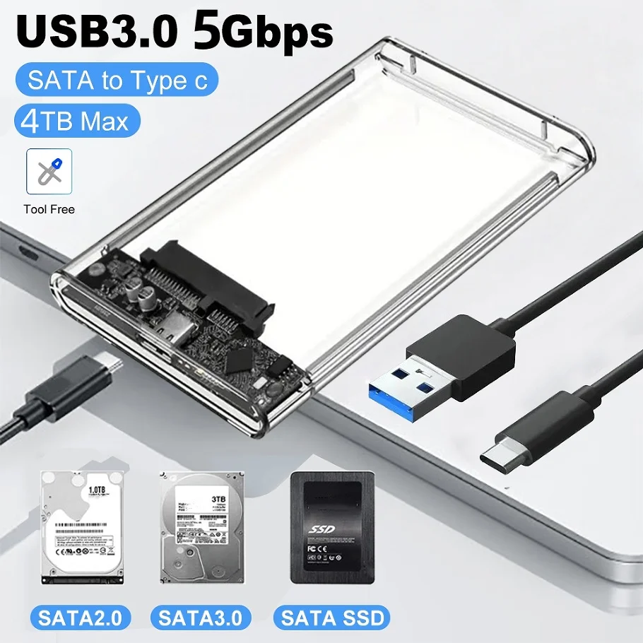 

Сверхбыстрый корпус для жесткого диска USB/Type C — SATA — UASP 5 Гбит/с, совместимый с 2,5-дюймовым жестким диском/SSD для ПК, Mac, ноутбуков и настольных ПК
