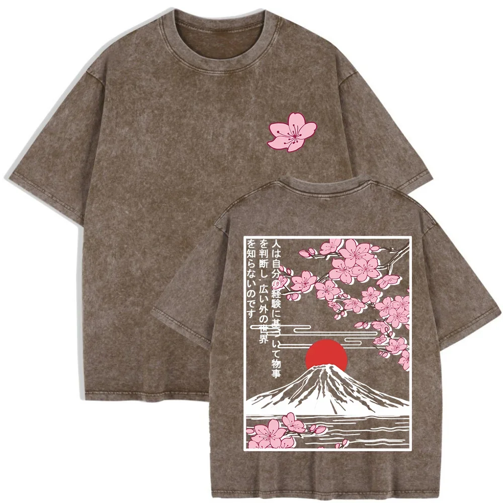 T-shirt ample à manches courtes col rond en coton délavé avec imprimé graphique fleurs de cerisier Mont Fuji pour femme, collection été 2026, style streetwear basique