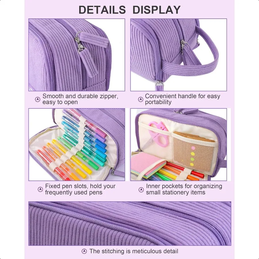 Estuche para lápices con 3 compartimentos, capacidad Extra grande, estuche para lápices escolares con asa fácil, estuche para lápices de pana suave, pl estético