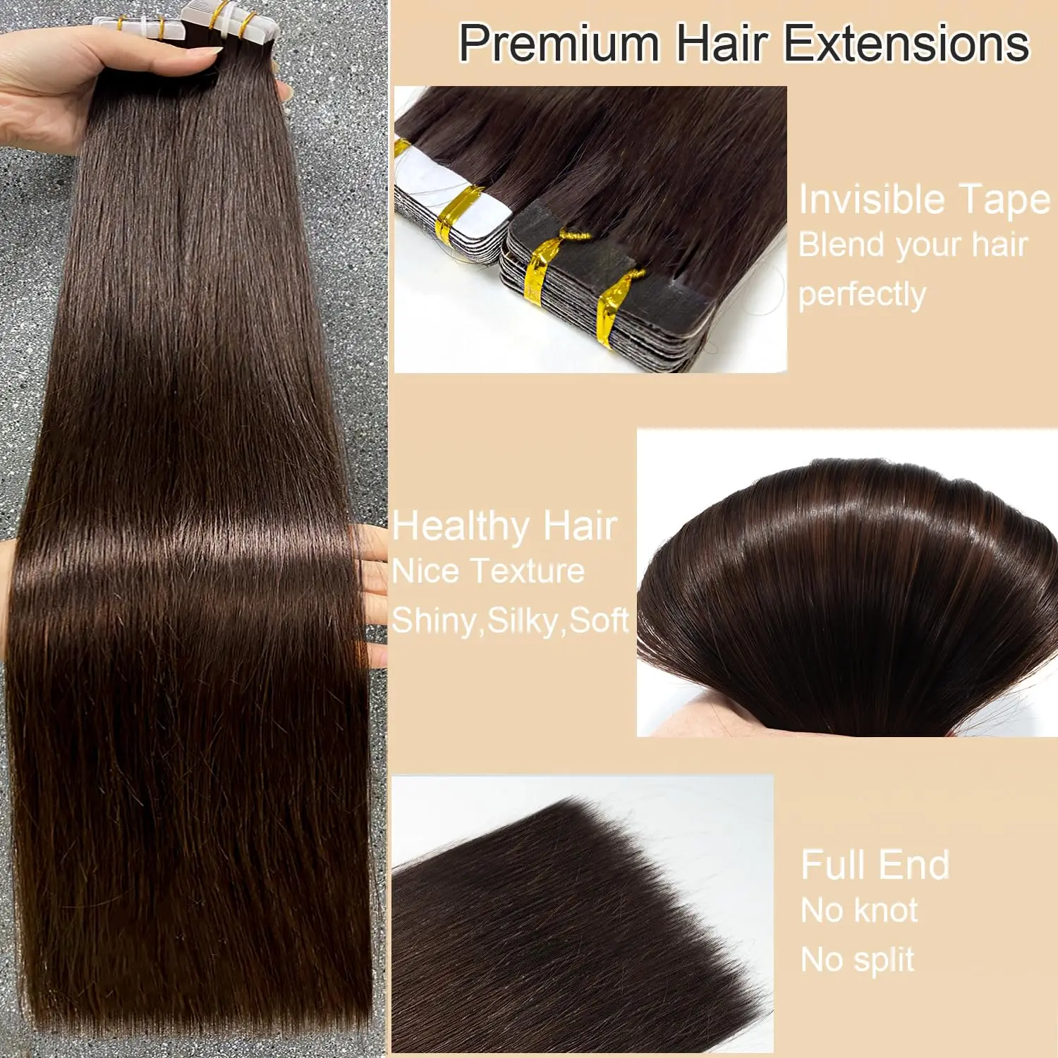 Fita em extensões de cabelo, cabelo humano real, marrom escuro, trama de pele invisível, cabelo reto sem costura, Ins, 45g, 16-30 ", 20pcs