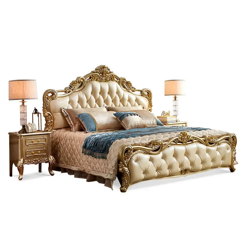 for European Style Champagne Gold Carved Leather Double Bed 1.5m 1.8m Master Bedroom Princess Wedding Bed