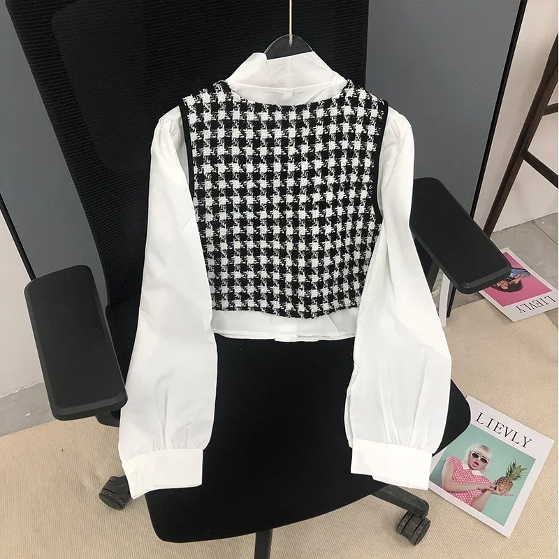 DAYIFUN-Large Bow Neck Shirts for Women Long Sleeve Folding Blouses Thousand Bird Check Vests Casual Simple Tops 2 Pcs Sets