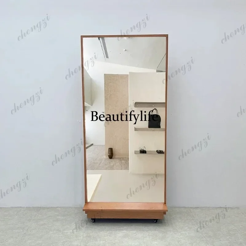 R clothing store fitting,   solid wood frame floor-to-ceiling movable mirror, women's clothing store fitting, ultra-white mirror