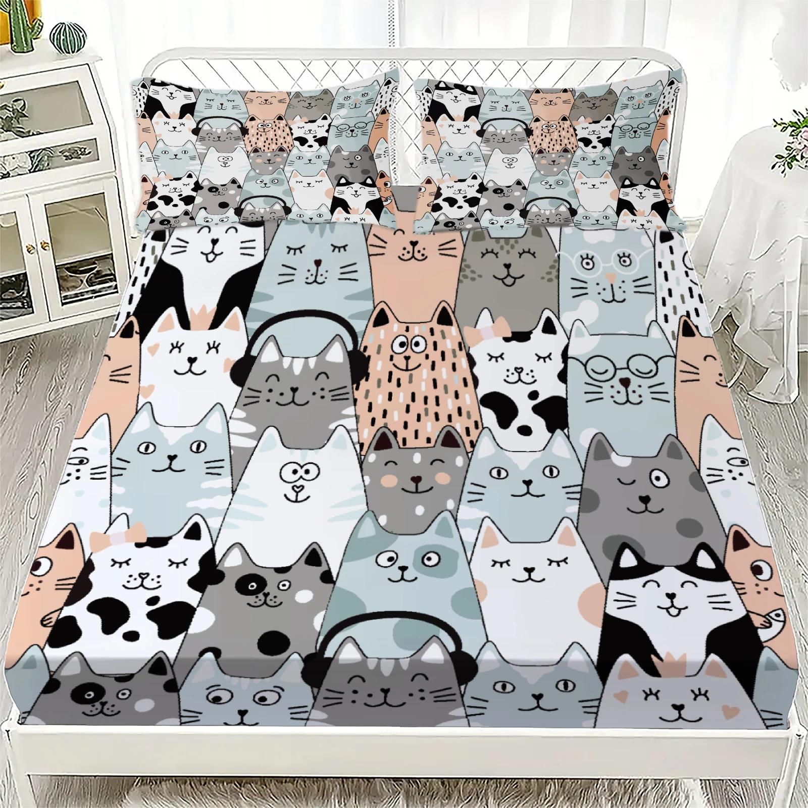 

Комплект из 3-х предметов: красочная простыня с мультяшными котами, 3D-принт, подарки для студентов и девочек, 100% полиэстер, плоская простыня с наволочками