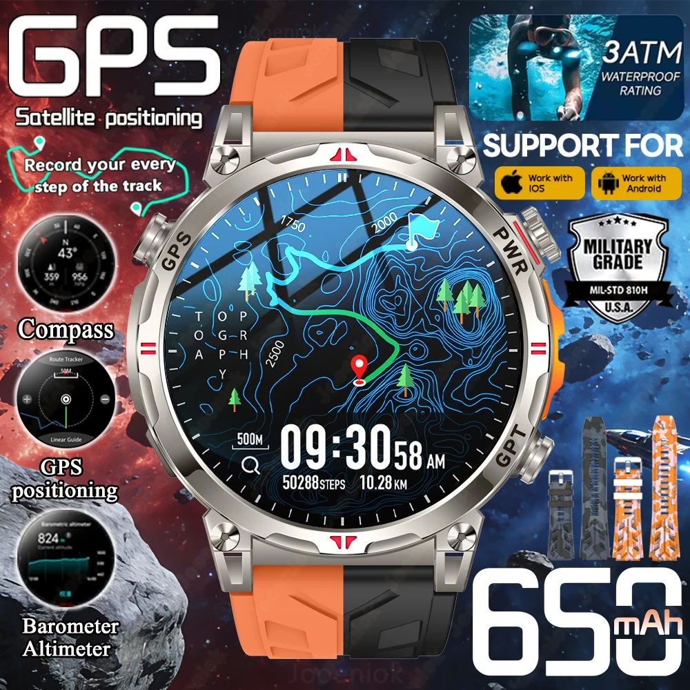 

2026New Outdoor GPS Positioning Smart Watch 650mAh Battery T-Rex 3 Military 3ATM Waterproof Smartwatch Men 100+ Sport Mode Watch