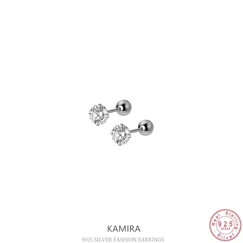 KAMIRA 925 Sterling Silver Classic Minimalist Assorted Round Zircon Screw Earrings for Women Gentle Jewelry Accessory Gift Girls
