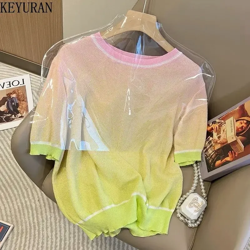 2024 Summer Colorful Gradient Color Matching O-neck Loose Short-sleeved Ice Silk Sweater Women Thin Diamonds Knitted T-Shirt Top