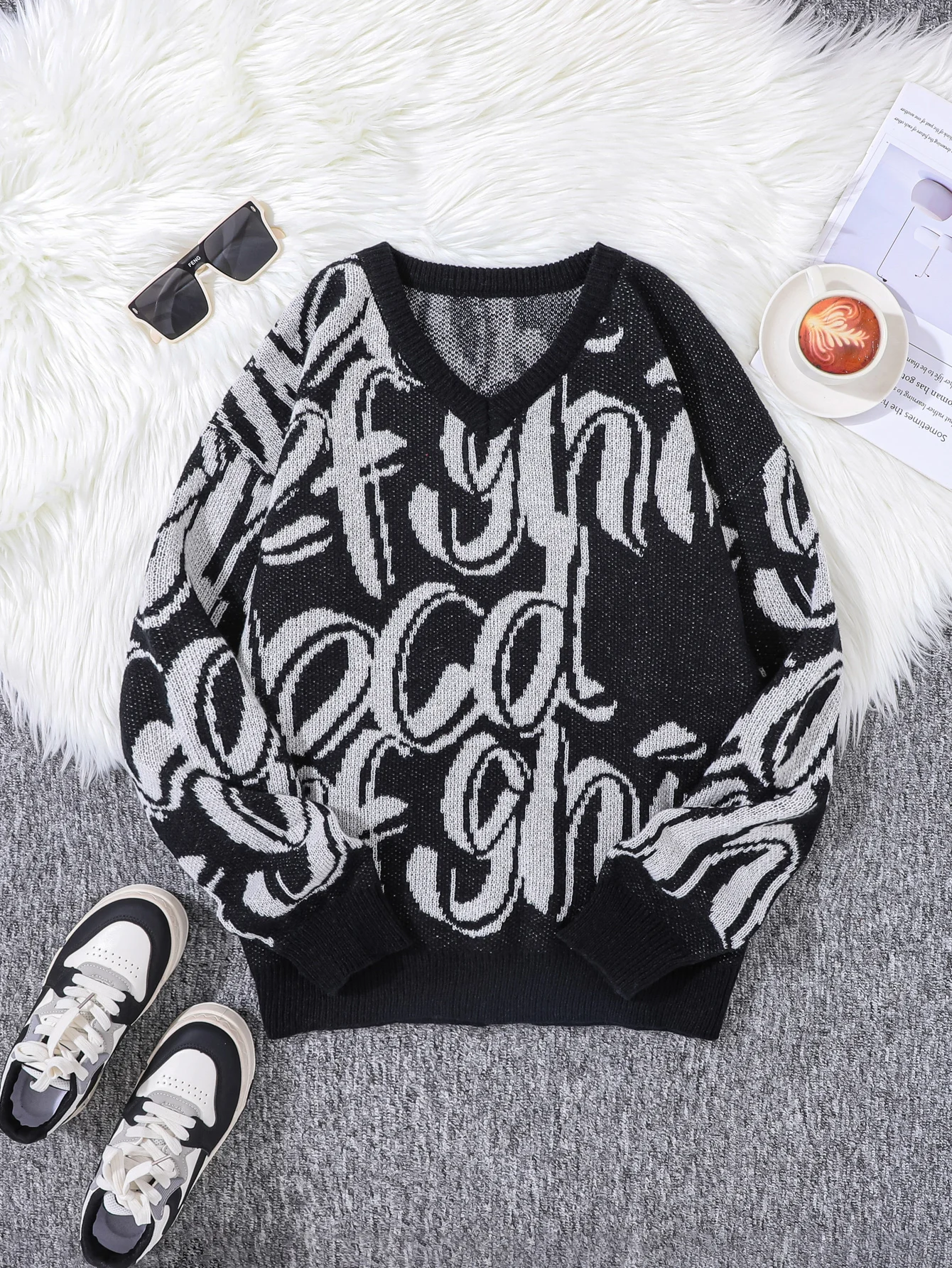 New V-Neck Letter Jacquard Pattern Pullover Sweater, Casual Color-Block Knit Men's Pullover, Suitable for Everyday Wear, Unisex Top for Going Out, Regular Fit, Suitable for Autumn and Winter Seasons
