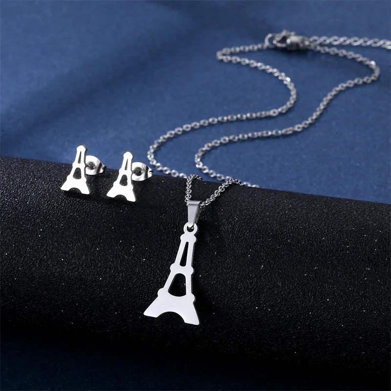 

Women's Paris Eiffel Tower Pendant Necklace Stainless Steel Necklaces Stud Earring Set Punk Choker Chain Jewelry Gift for Couple