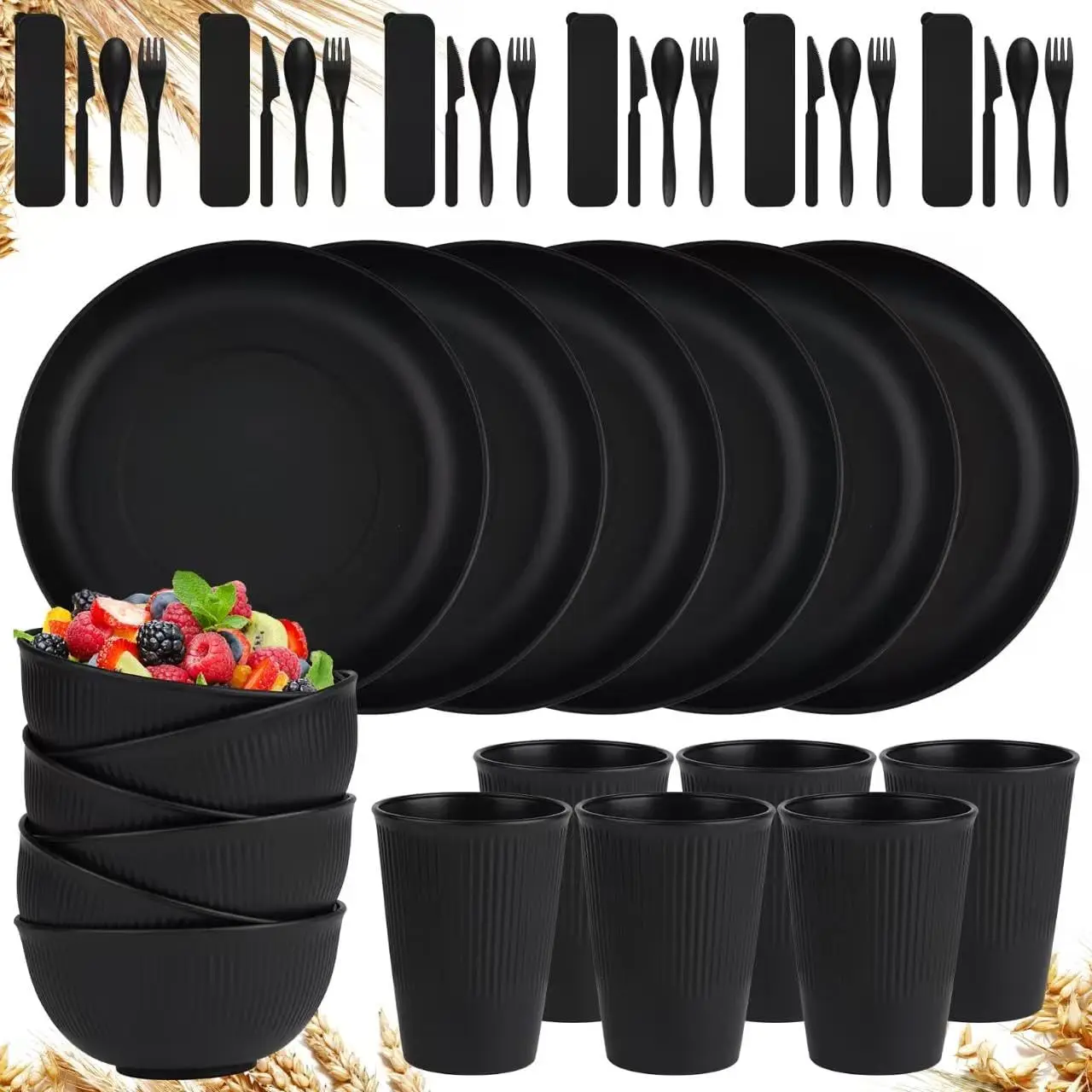 

42-Piece Wheat Straw Dinnerware Sets,Unbreakable Plates and Bowls Set,Dinner Plate/Dessert Plate/Cereal Bowl/Cup for Kitchen,Apa